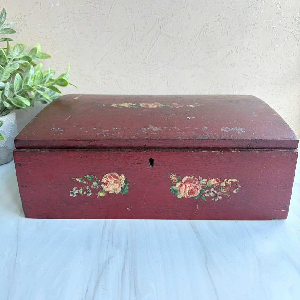 Vintage Burgundy Wood Floral Rose Decal Keepsake Storage Box Primitive Chest